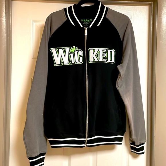 Green For Good Jackets Coats Green For Good Wicked Broadway Musical Embroidered Black Gray Varsity Jacket Poshmark